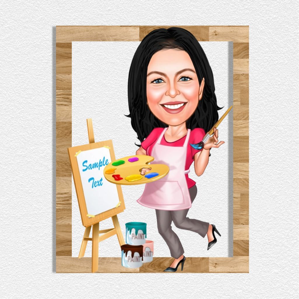 Ressam Kız 2 Karikatürlü Ahşap Tablo