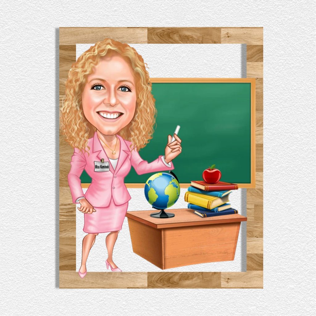 Kız Öğretmen Karikatürlü Ahşap Tablo 1
