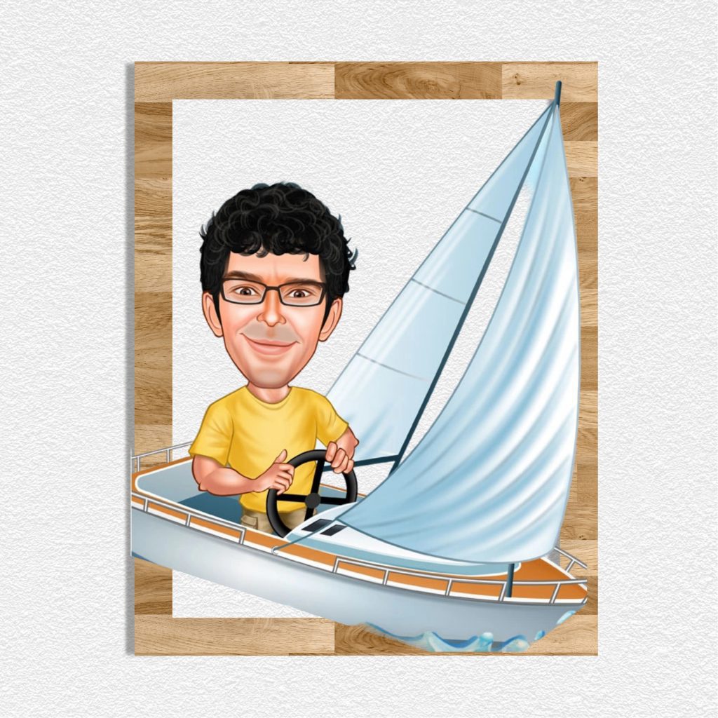 Tekne ile Gezen Erkek Karikatürlü Ahşap Tablo 2