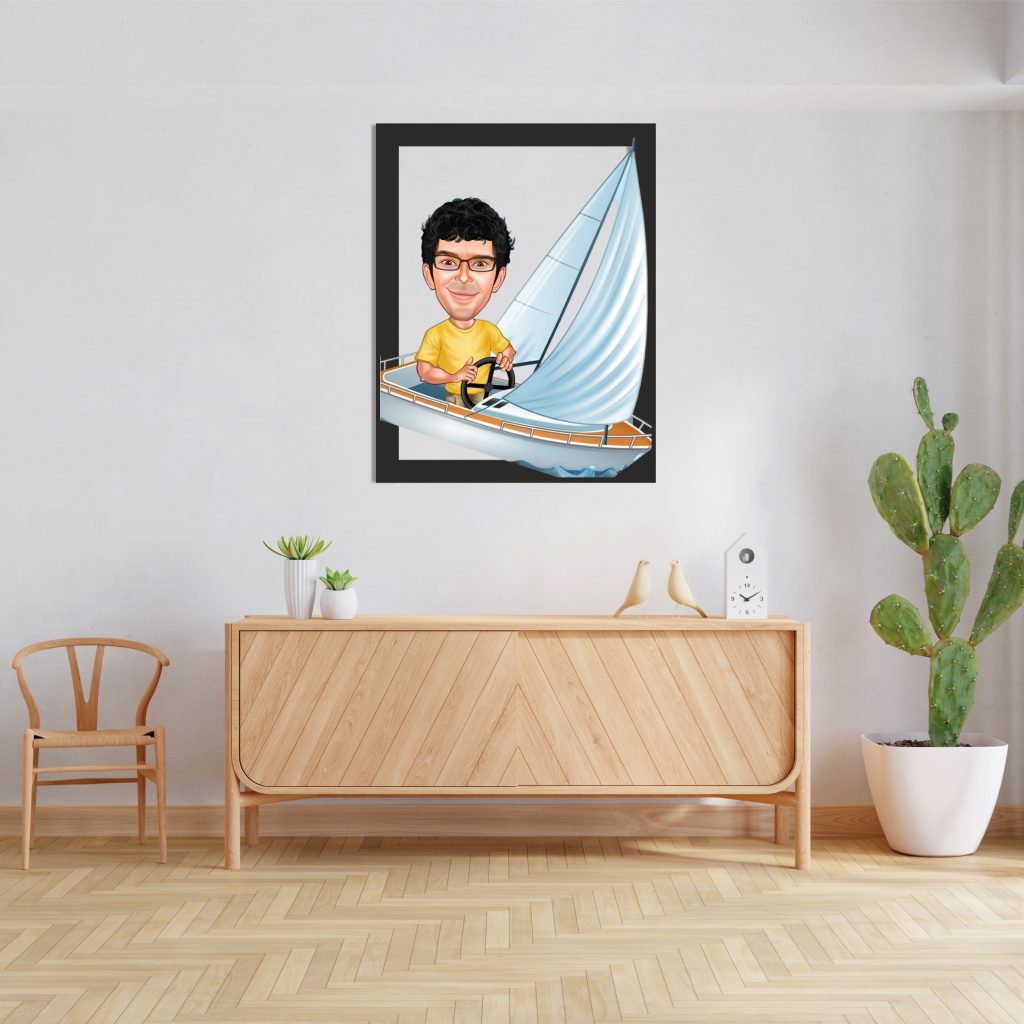 Tekne ile Gezen Erkek Karikatürlü Ahşap Tablo 2 - Görsel 4