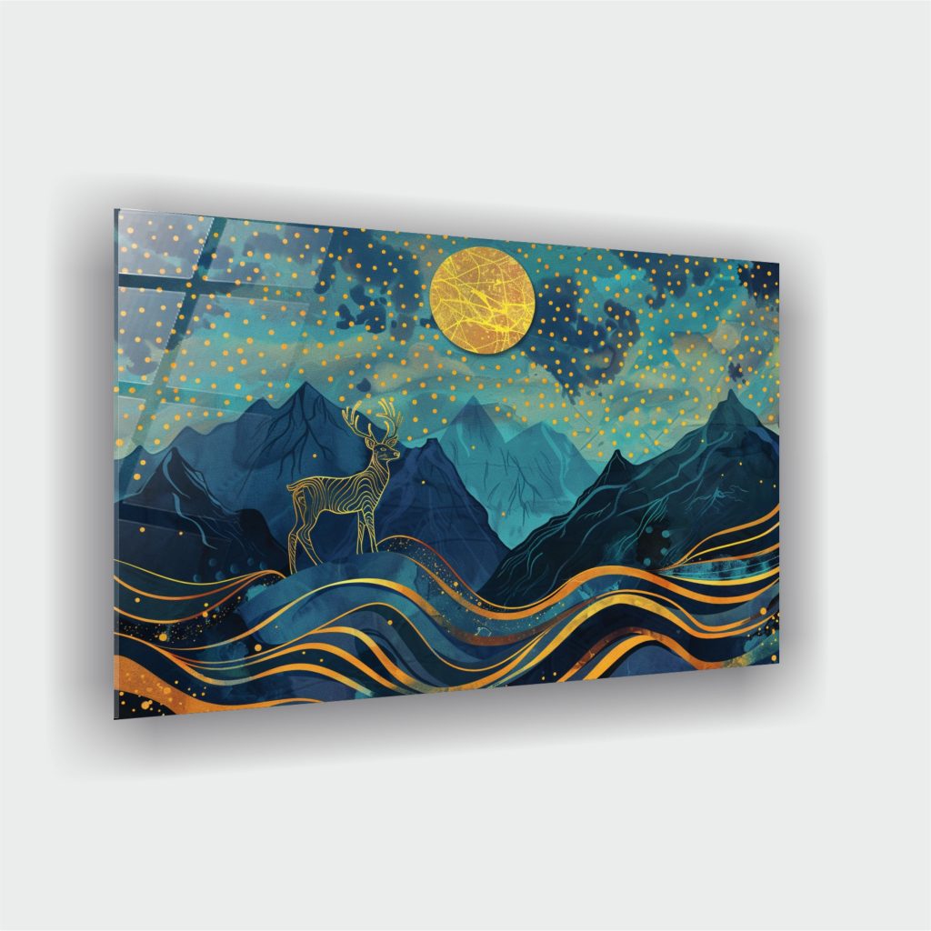 Yıldızlı Gecede Dağ Geyiği Cam Tablo