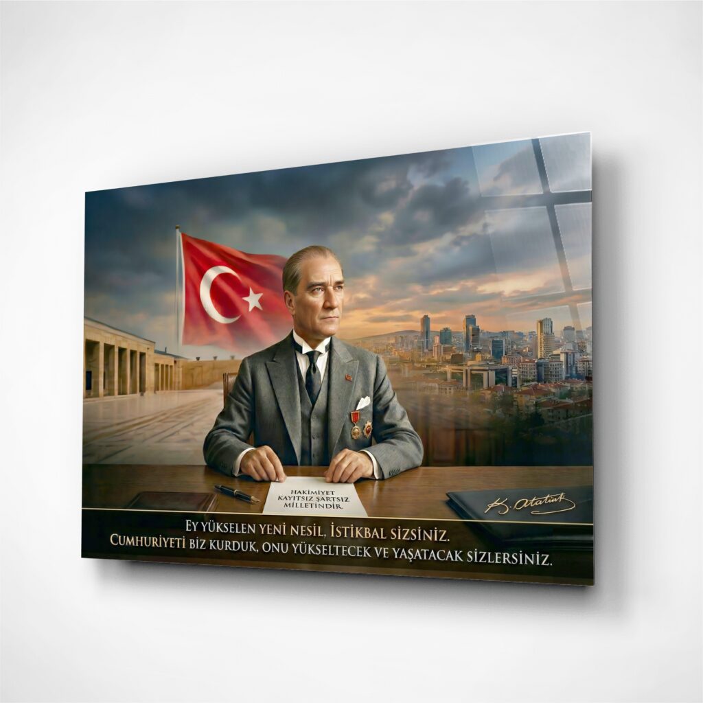 Atatürk Portre Cam Tablo – Çerçevesiz UV Baskı – Model 14