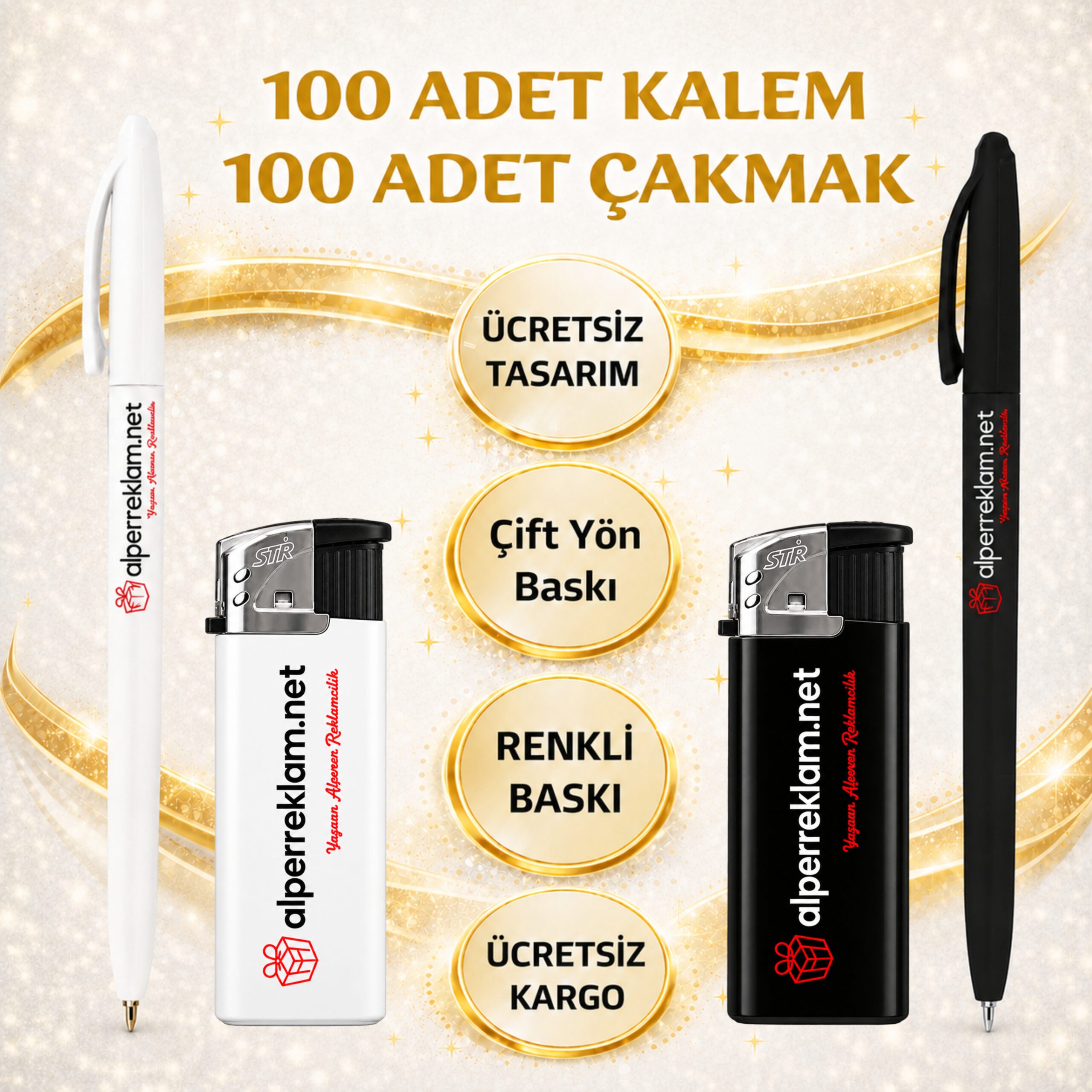 Promosyon Manyetolu 100 Çakmak ve 100 Kalem Seti