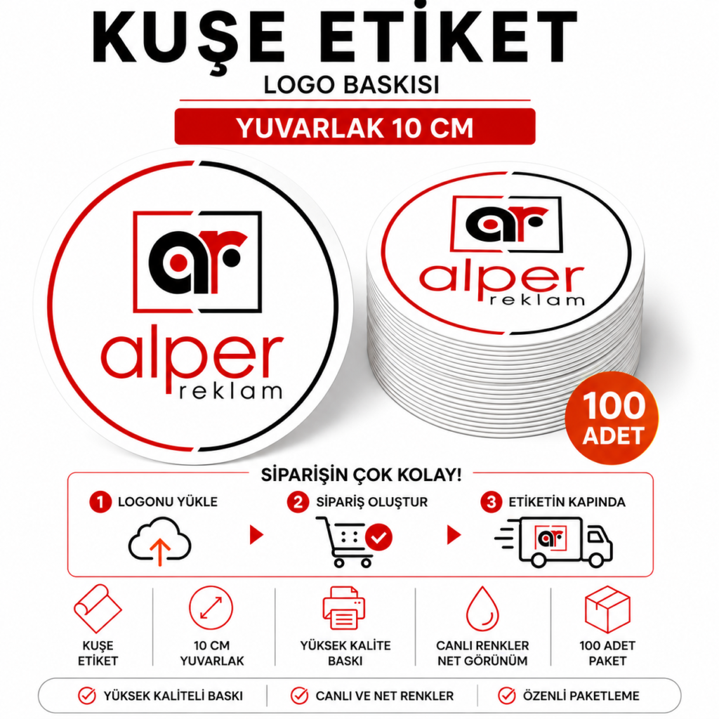 100 Adet 10 cm yuvarlak  Logo Baskılı Kuşe Etiket