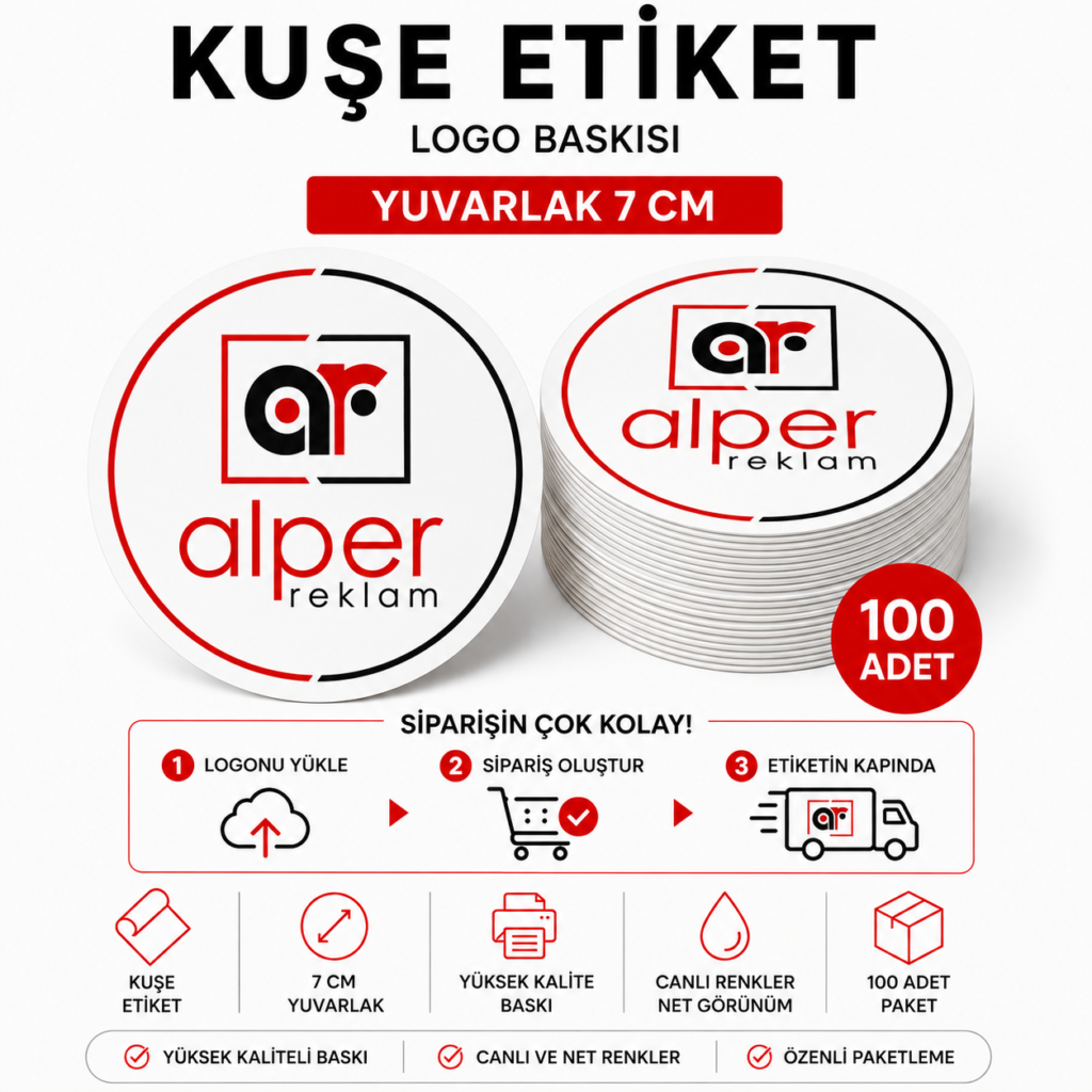 100 Adet 7 cm yuvarlak  Logo Baskılı Kuşe Etiket