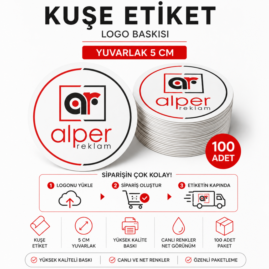 100 Adet 5 cm yuvarlak Logo Baskılı Kuşe Etiket